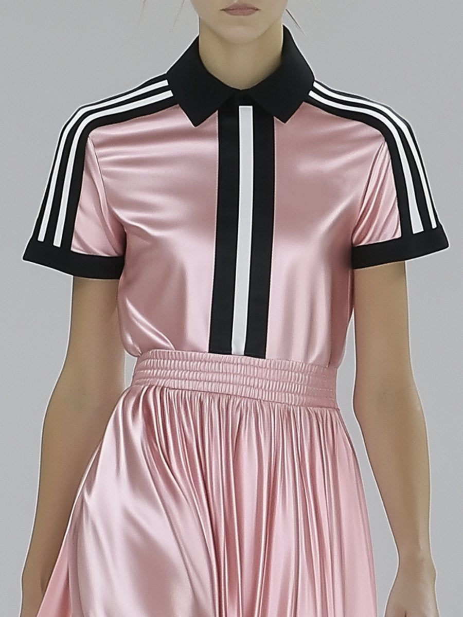 Elegant Polo-neck Black and White Striped Pink Satin Short-sleeved Maxi Dress