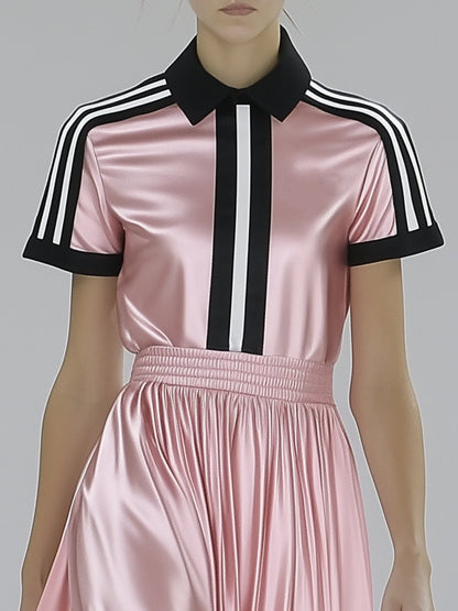 Elegant Polo-neck Black and White Striped Pink Satin Short-sleeved Maxi Dress