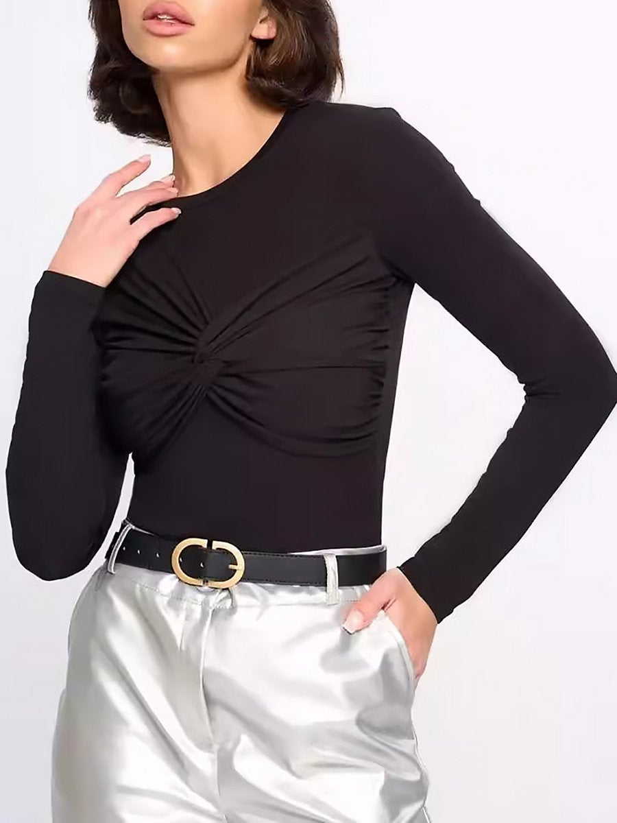 Casual And Fashionable Knotted Top Tight Bottoming T-Shirt