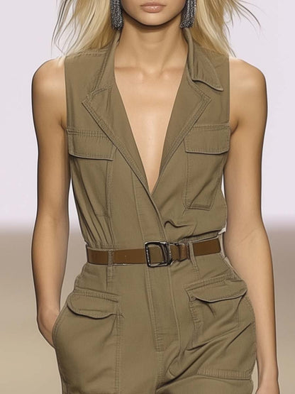 Personalized Fashion V-neck Sleeveless Belt Khaki Overalls Jumpsuit