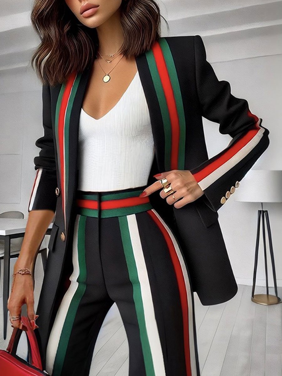 Casual Loose Retro Red, Green And White Contrast Striped Blazer Flared Pants Set