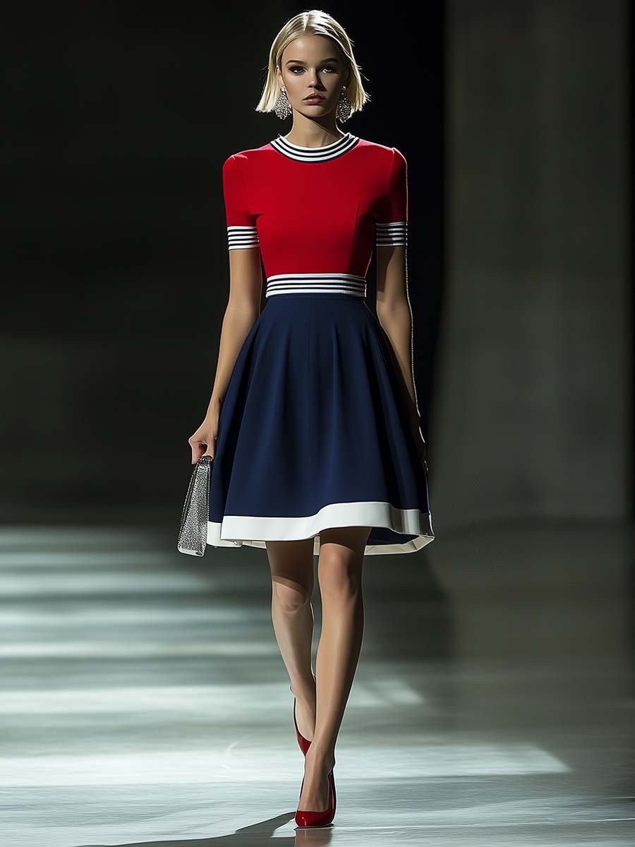 Fashion Round Neck Waist A-line Red Navy Blue Contrast Color Mini Dress