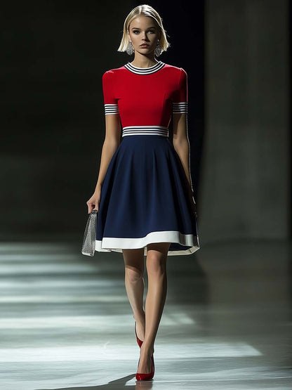 Fashion Round Neck Waist A-line Red Navy Blue Contrast Color Mini Dress