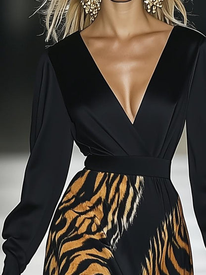 Luxurious Satin Tiger Print V-Neck Black Long Sleeve Maxi Dress