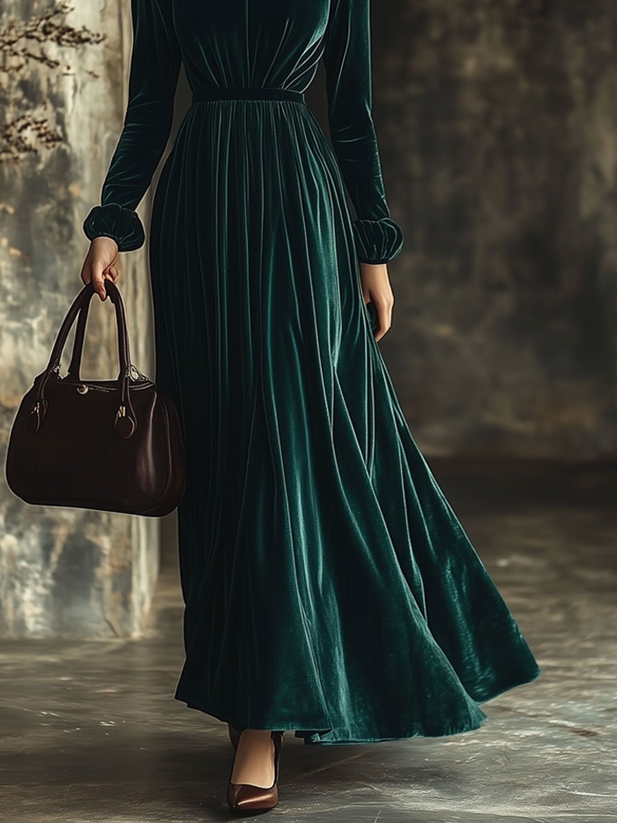 Square Neck Fashion Party Holiday Solid Color Velvet Long Sleeve Maxi Dress