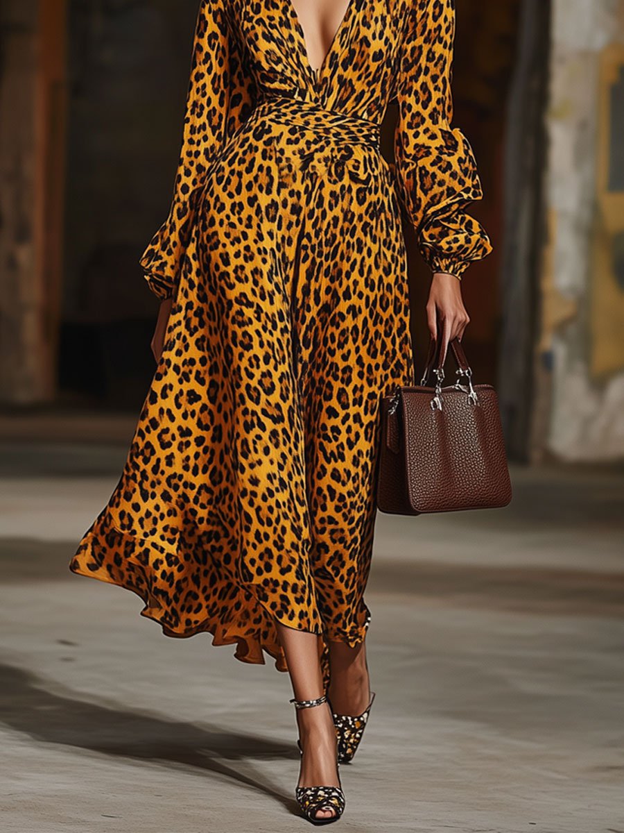 V-Neck Fashionable Party Leopard Print Velvet Long-Sleeved Midi Dress