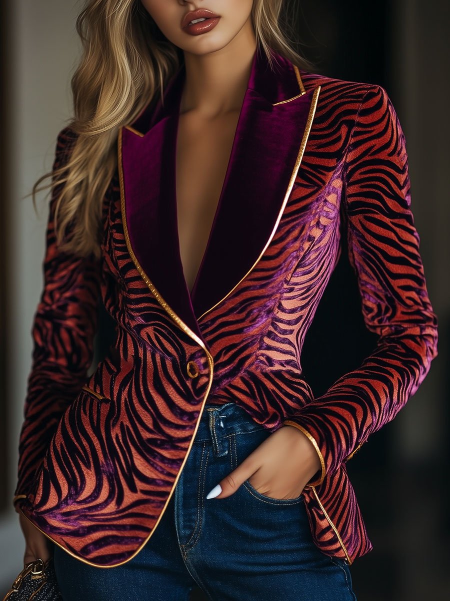 Casual Loose Vintage Velvet Zebra Pattern Wire Striped Lapel Pocket Blazer