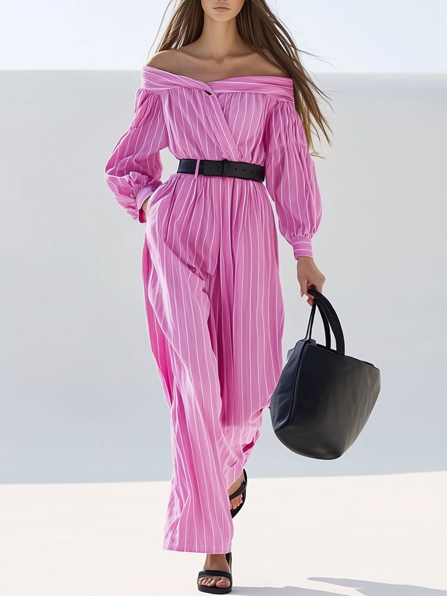 Casual Loose Retro Pink Striped Off-the-shoulder Shirt Long-sleeved Jumpsuit