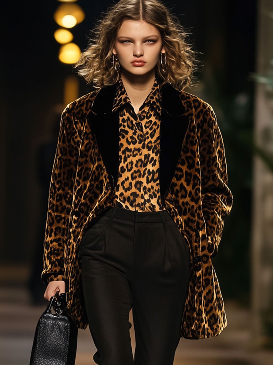 Casual Loose Retro Velvet Leopard Print Contrast Lapel Blazer