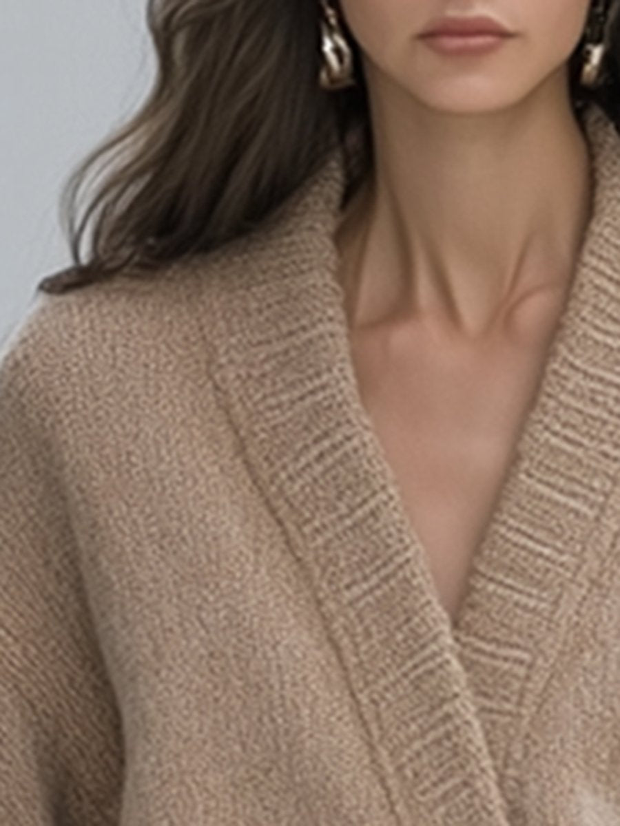 Lazy High-End Oatmeal V-Neck Dropped Shoulder Knitted Cardigan