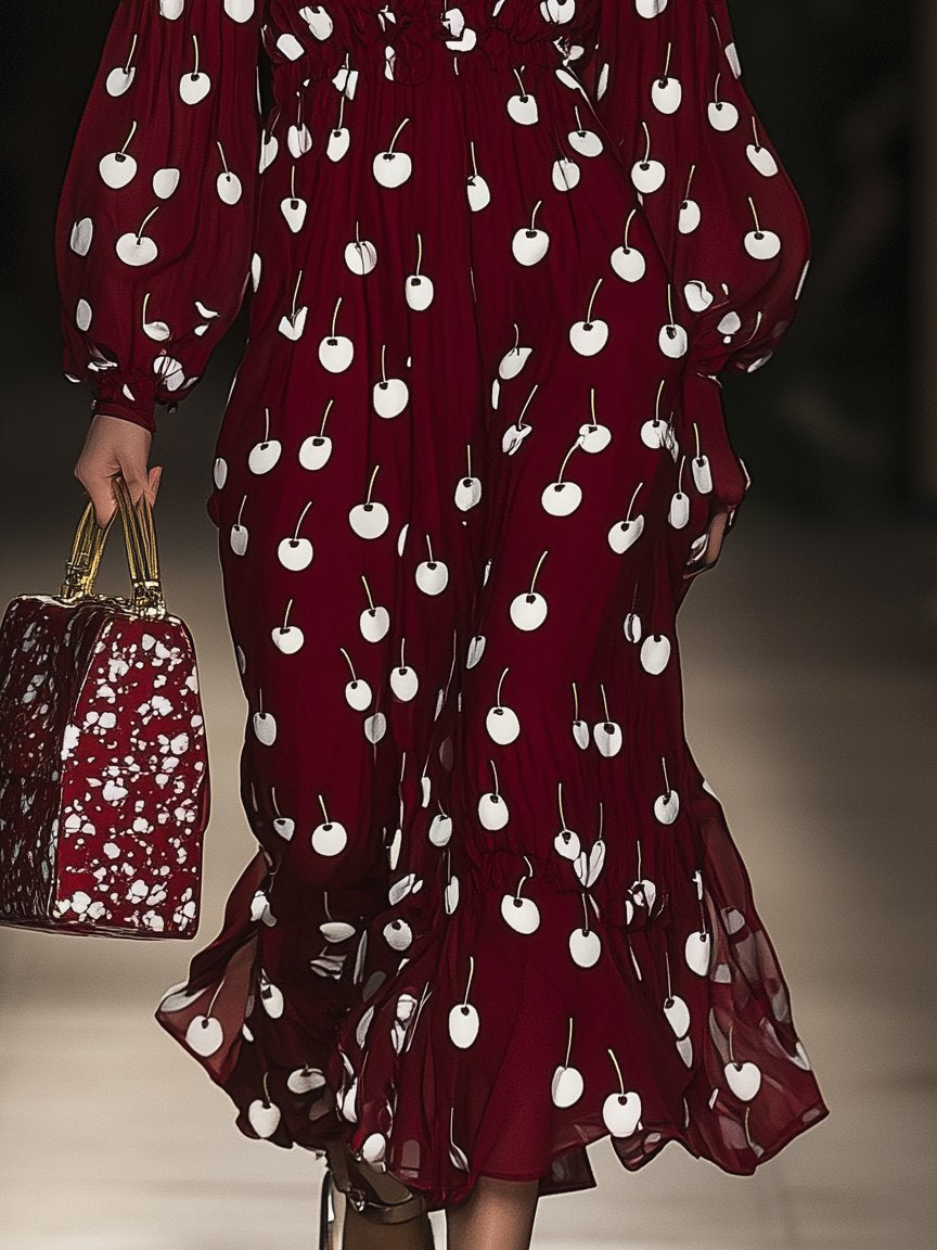 Romantic Printed One Shoulder Dark Red Long Sleeve Maxi Dress