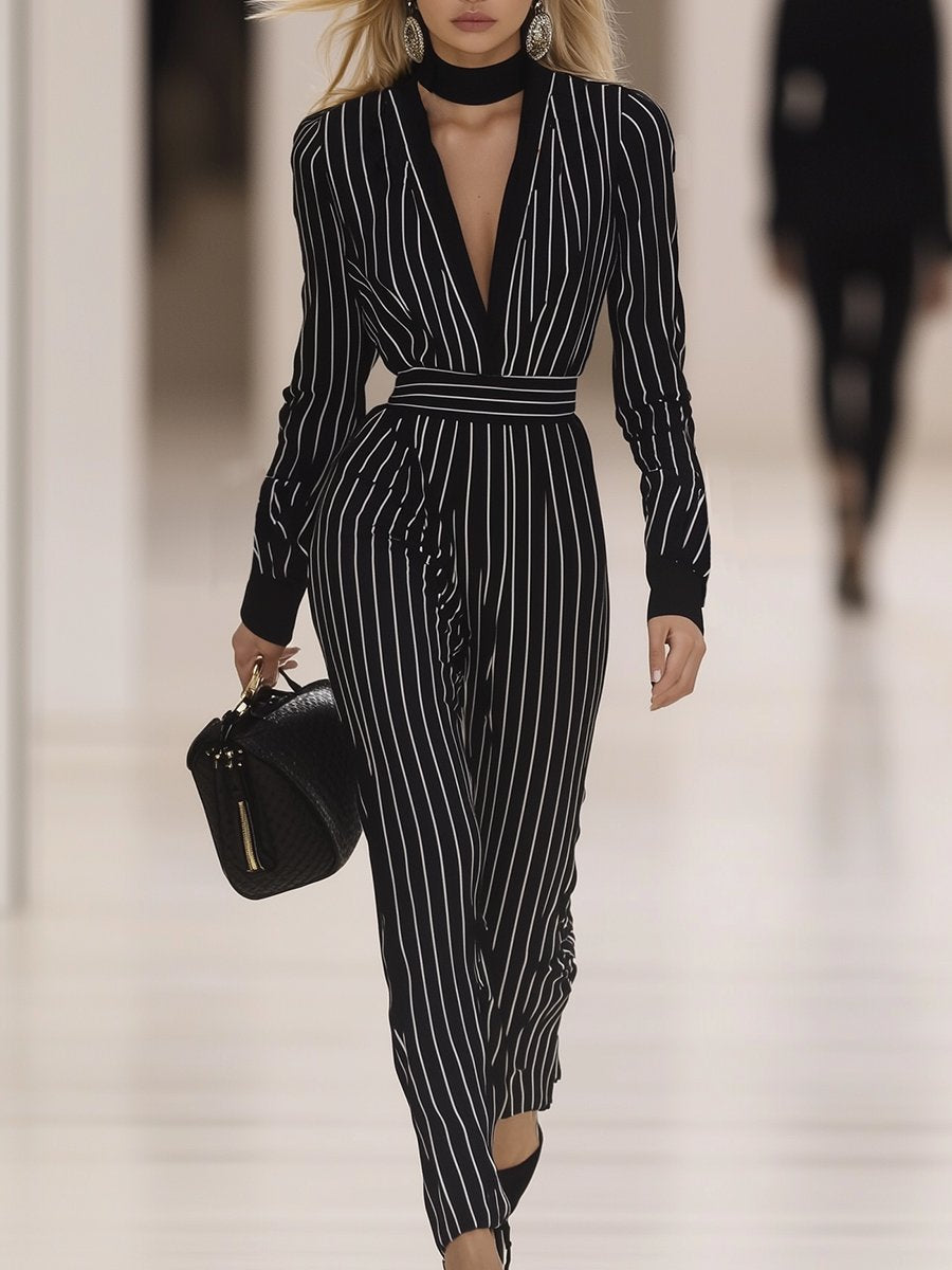 Elegant Classic Hollow Striped Long Sleeve Jumpsuit