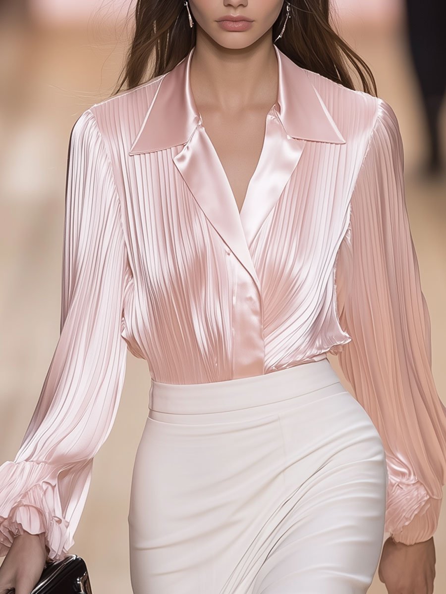 Loose Fashion Retro Pink Satin Pleated Long Sleeve Blouse