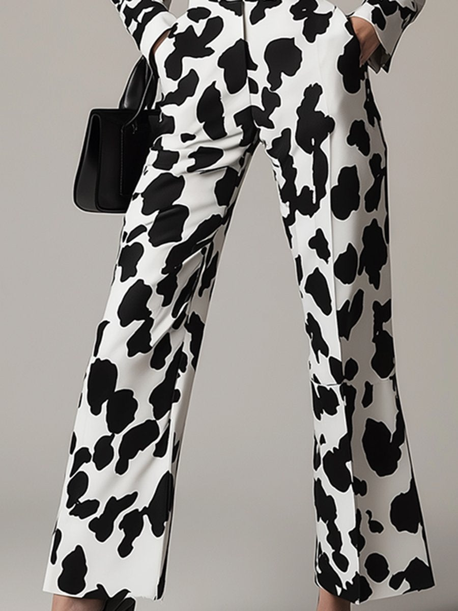 Fashionable And Simple Long-Sleeved Color-Blocked Lapel Cow Pattern Jumpsuit