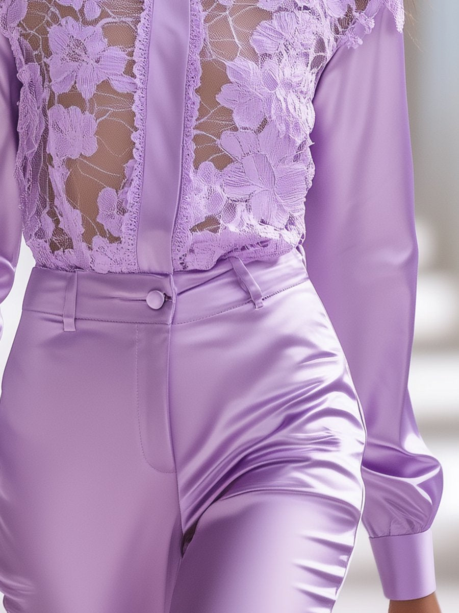 Elegant and Fashionable Purple Lace Splicing Satin Long-sleeved Shirt