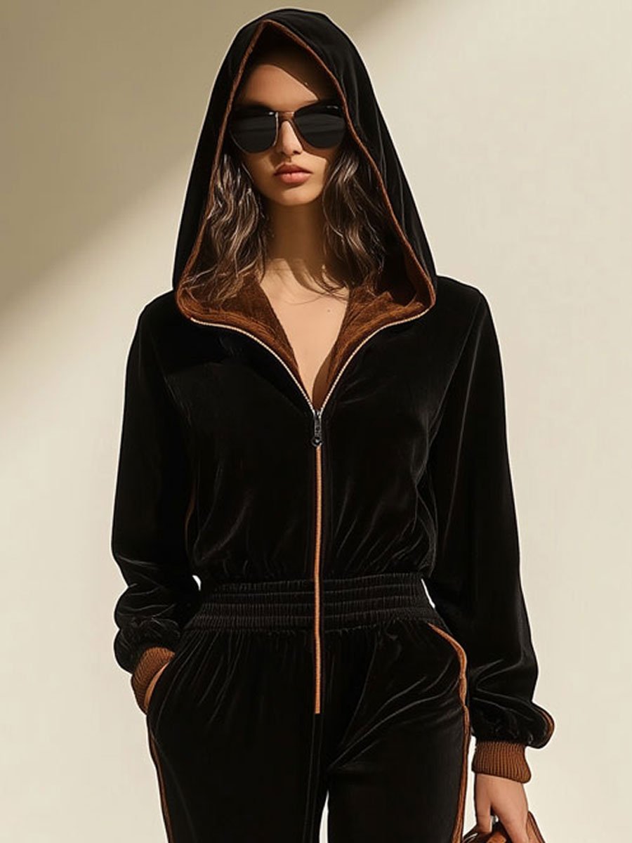 【24-hour shipping】Casual Loose Retro Velvet Colorblock Zipper Hooded Jumpsuit