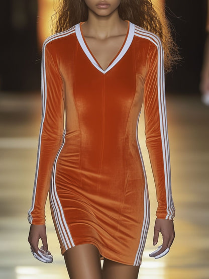 Casual Sports White Striped Orange Velvet V-Neck Long Sleeve Mini Dress