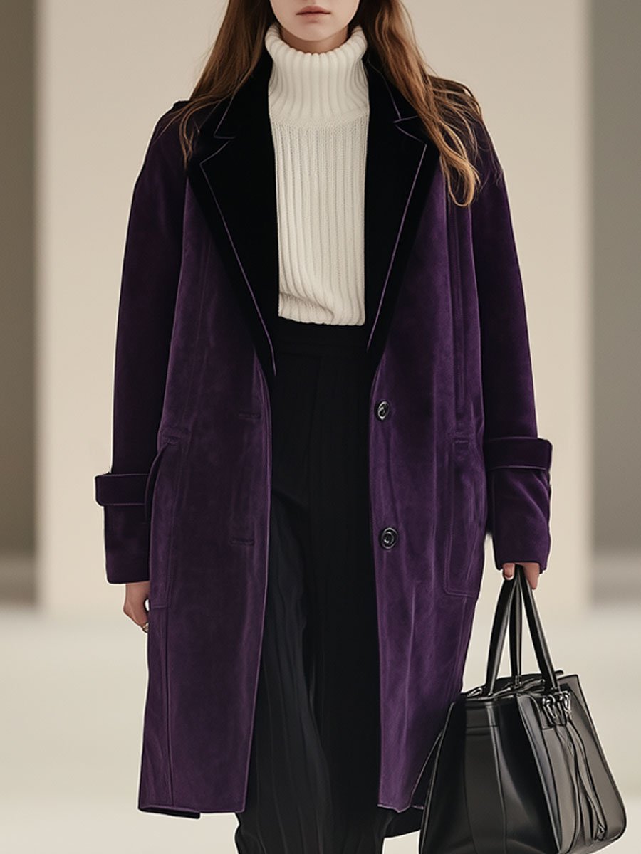 Casual Loose Retro Purple Suede Mid-Length Pocket Coat