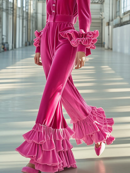 Fashionable Pink Ruffled Stand-up Collar Jumpsuit