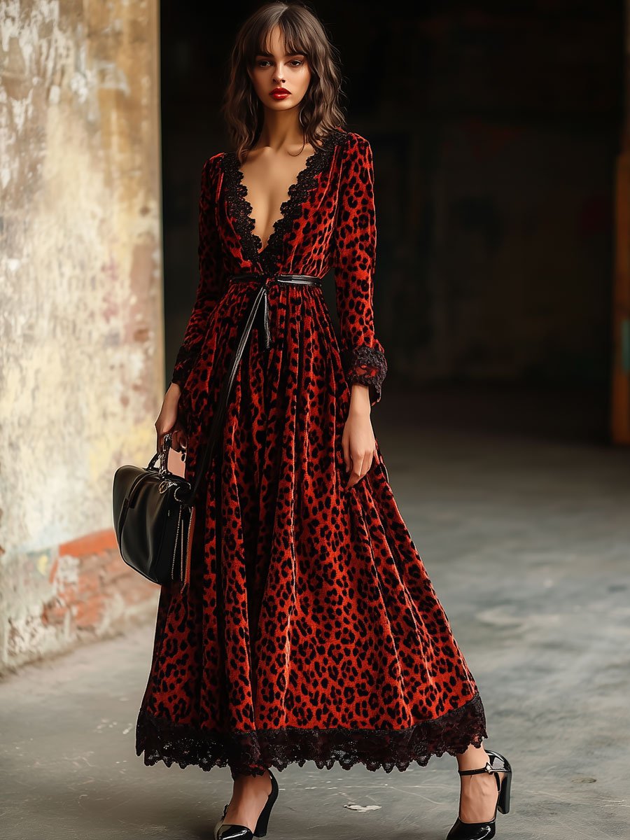 Vintage Ankola Red Velvet Leopard Print V-Neck Lace Lace Long Sleeve Maxi Dress