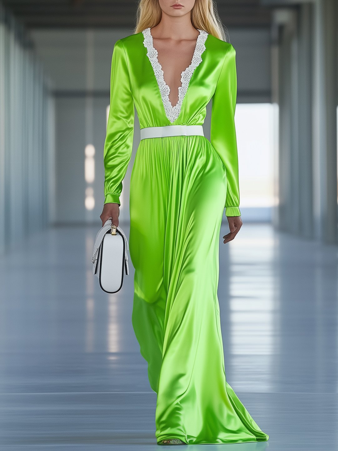 Temperament V-Neck Fluorescent Green Satin Long-Sleeved Maxi Dress