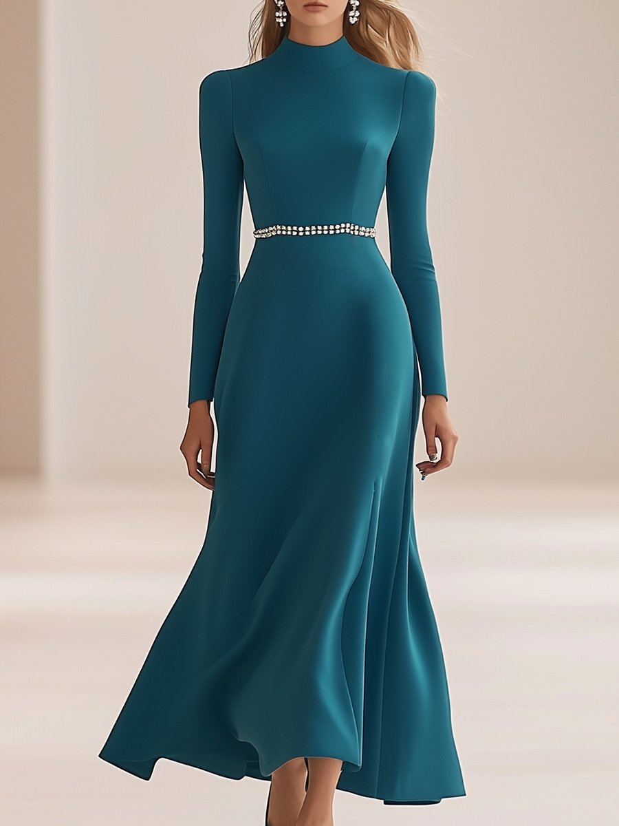 Retro Elegant Round Neck Peacock Blue Long Sleeve Maxi Dress