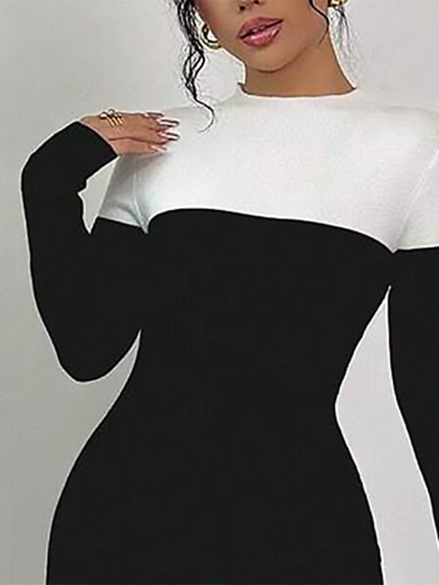 Exquisite And Fashionable Temperament Black And White Color Matching Knitted Midi Dress