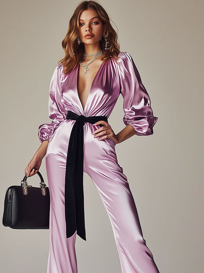 Fashion Party Light Pink Satin Lace-up V-neck Lantern Long Sleeve Flared Jumpsuit