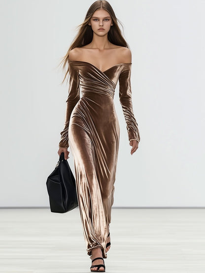 Fashion Retro Champagne Off-the-shoulder Long-sleeved Maxi Dress