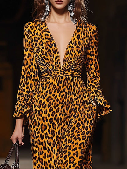 V-Neck Fashion Party Leopard Print Velvet Pocket Long Sleeve Midi Dress