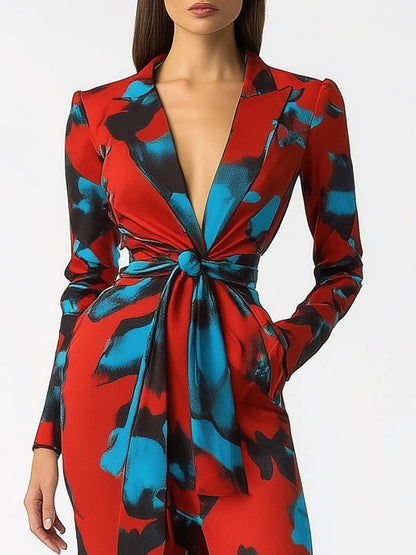 Fashionable Blue Abstract Print Red Lapel Chiffon Maxi Dress