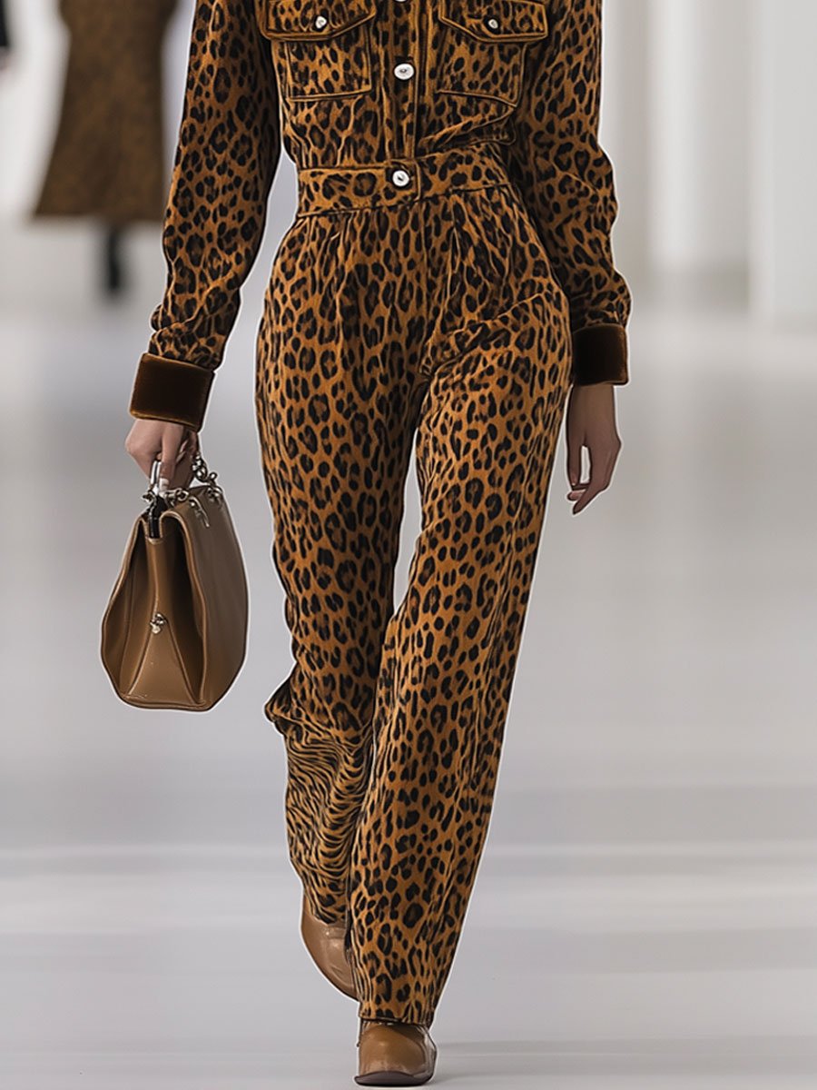 Casual Loose Retro Velvet Leopard Print Patchwork Long-Sleeved Jumpsuit