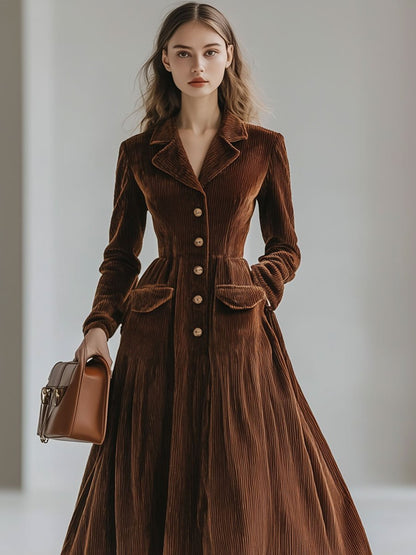 Casual Loose Retro Corduroy Single-Breasted Trench Coat-Style Midi Dress