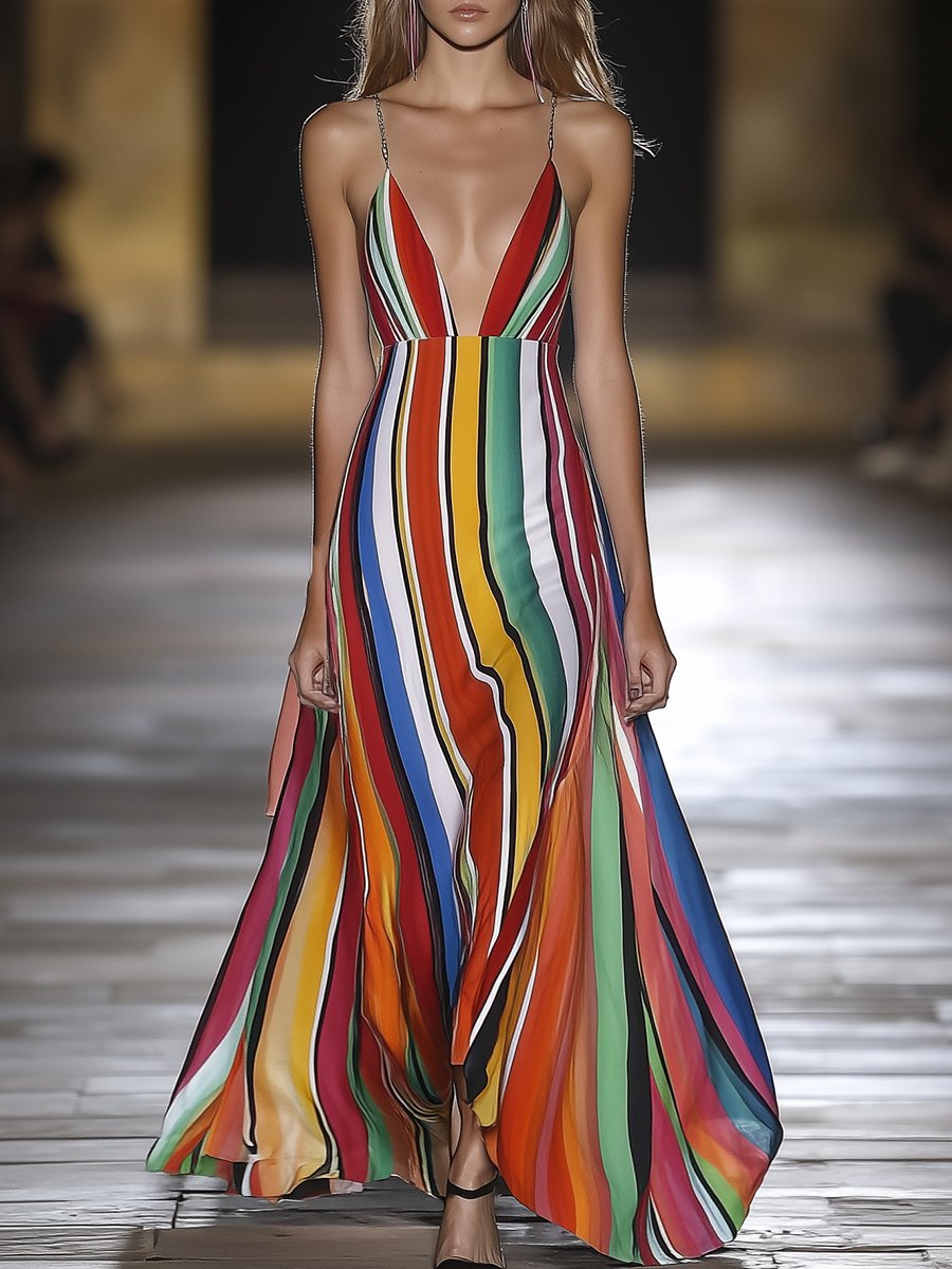 Fashionable Colorful Striped V-neck Sleeveless Maxi Dress