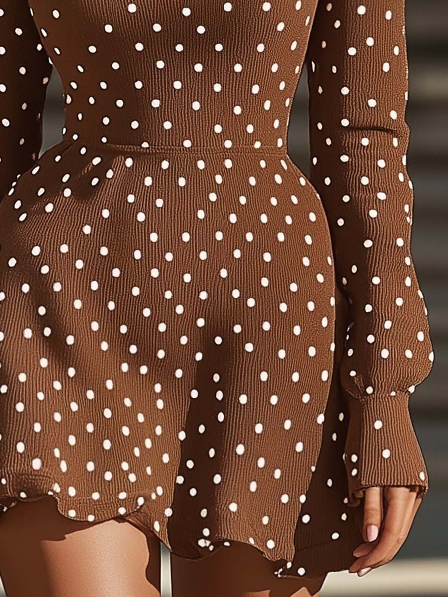 Fashionable Personality Chest Hollow White Polka Dot Brown Mini Dress