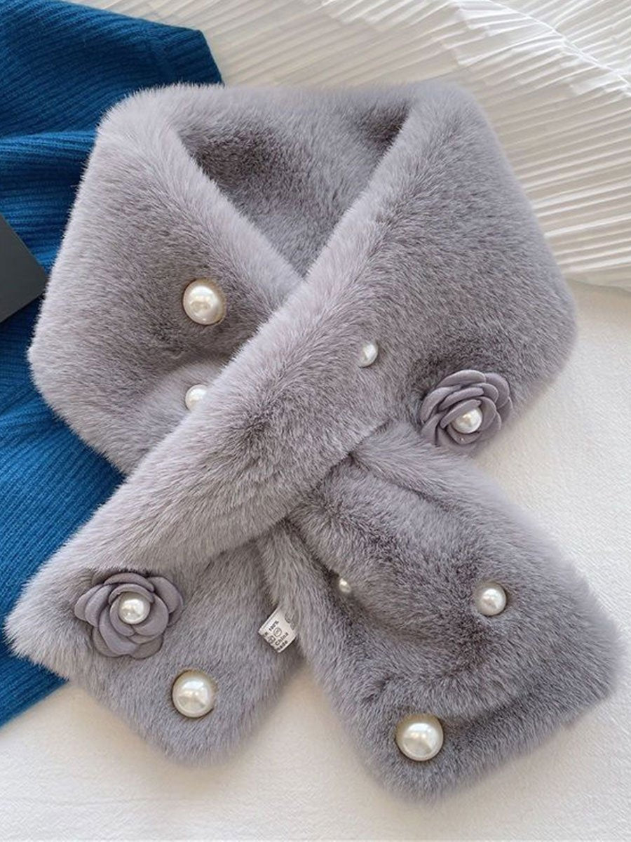 Solid Color Pearl Warm Faux Rabbit Fur Cross Scarf