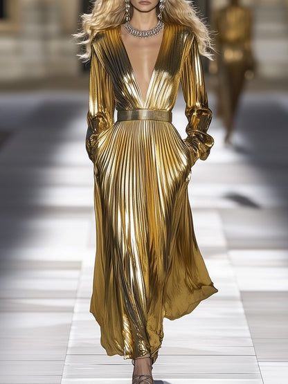 Retro And Fashionable V-Neck Gold Satin Maxi Dress