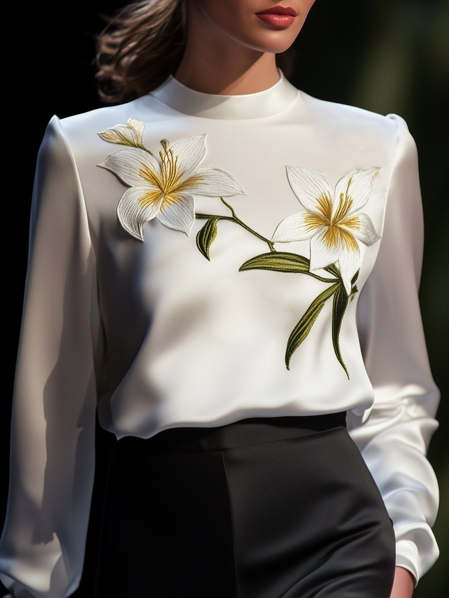 Fashionable High-end Back Open Collar White Embroidered Satin Top Blouse