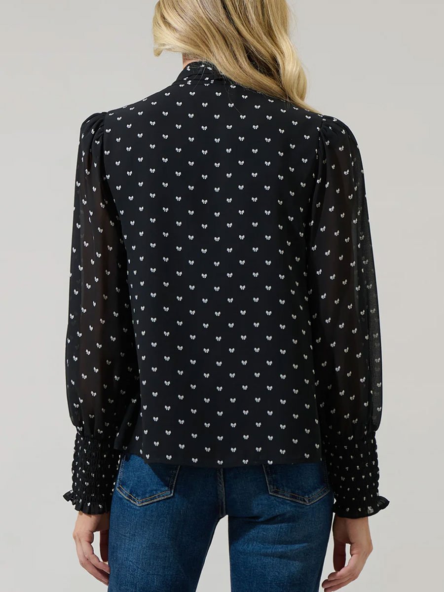 Loose Fashion Bowknot Printed Chiffon Lace-up Long Sleeve Blouse