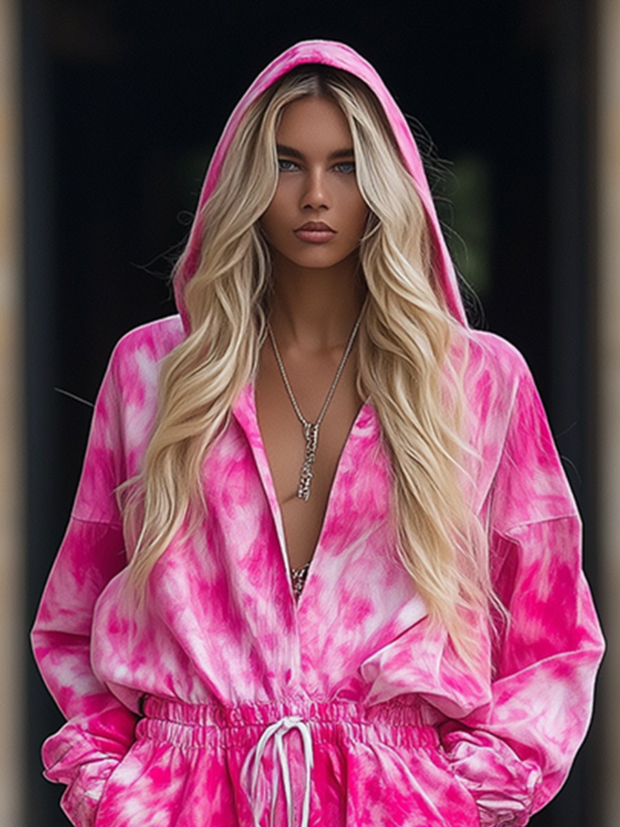 Casual Fashionable Loose Barbie Pink Tie-Dye Shorts Jumpsuit