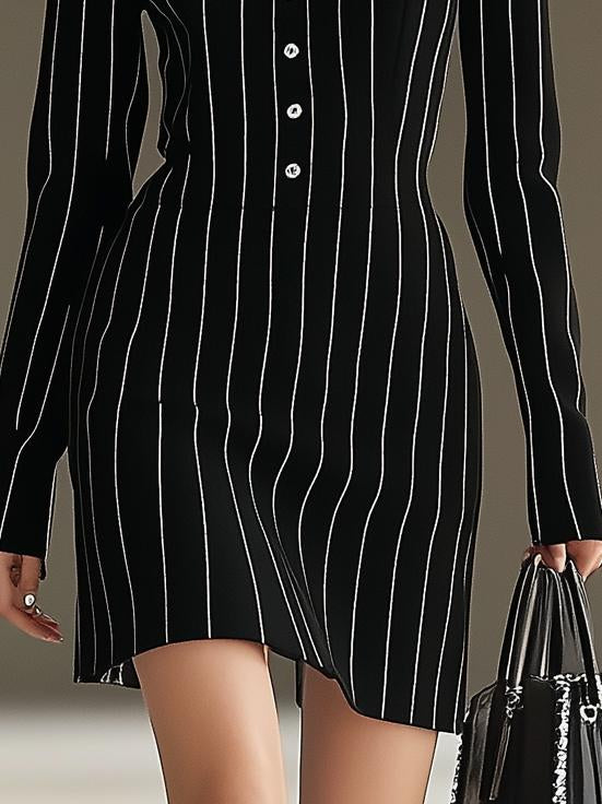 Classic Striped Stand Collar Black Long Sleeve Mini Dress