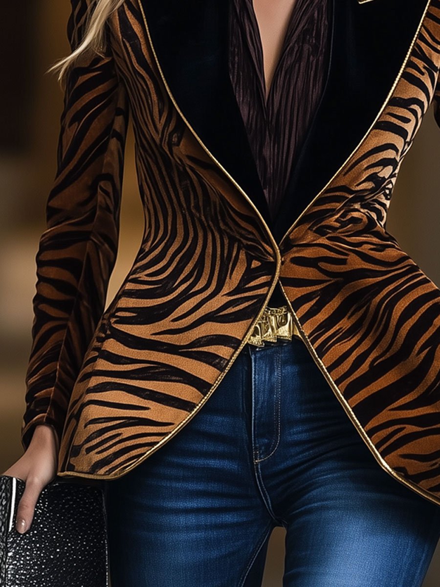 Casual Loose Vintage Velvet Zebra Pattern Gold Wire Striped Lapel Pocket Blazer