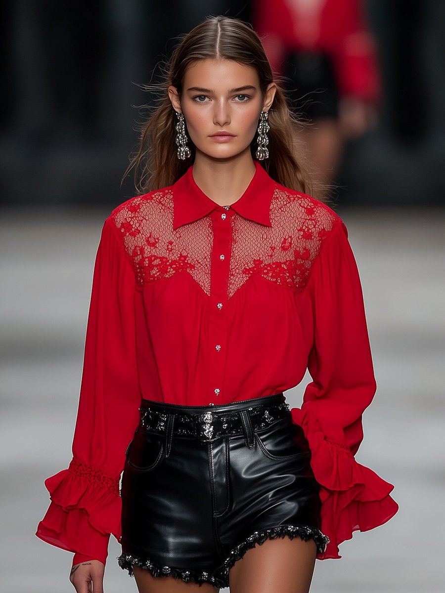 Sexy Eye-catching Chest Lace Stitching Ruffled Cuffs Red Chiffon Shirt