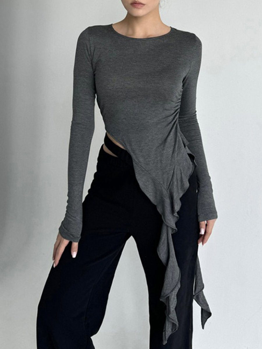 Fashionable Slim Fit Ruffled Round Neck Long Sleeve T-Shirt