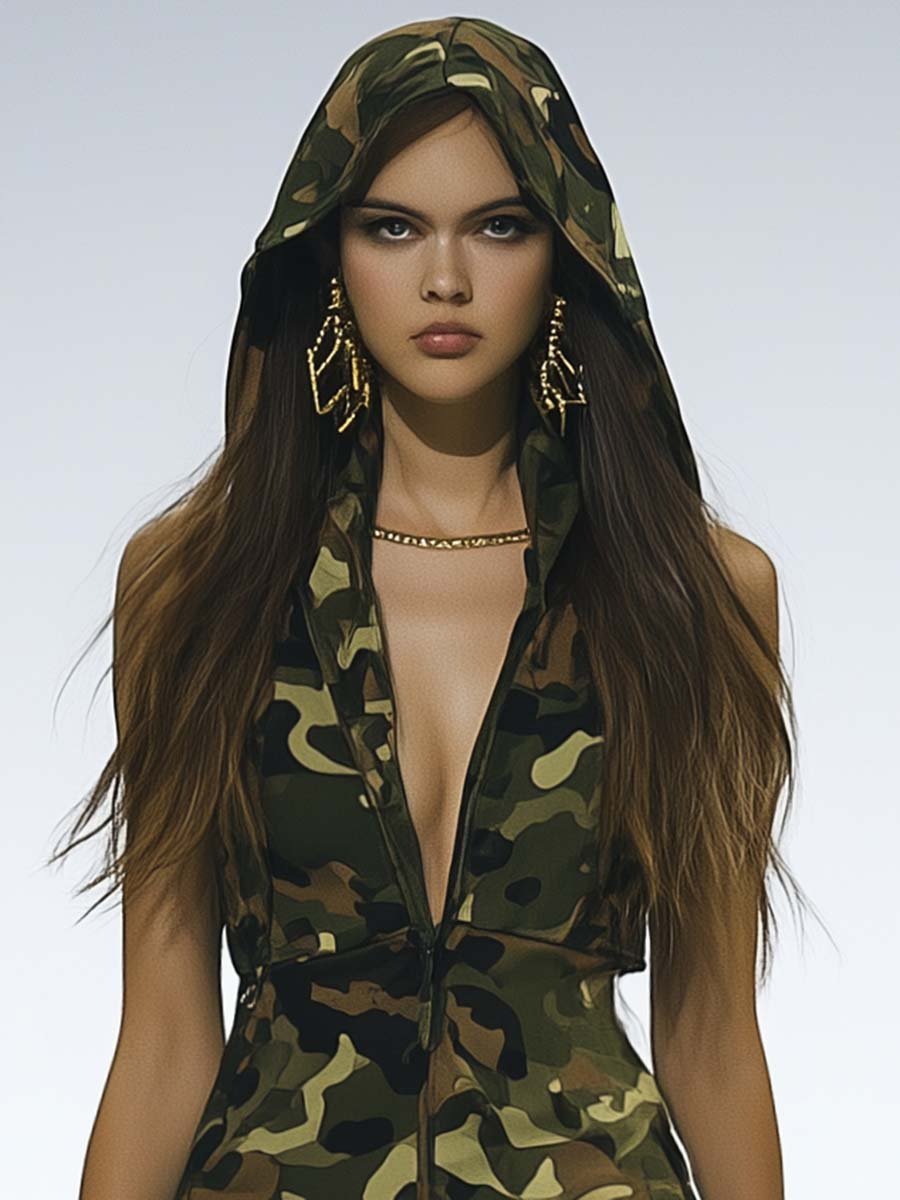 Elegant Mysterious V-neck Zipper Hooded Camouflage Mini Dress