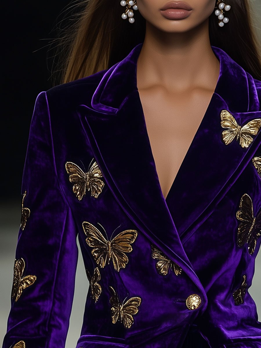 Casual Loose Retro Purple Velvet Gold Butterfly Print Blazer