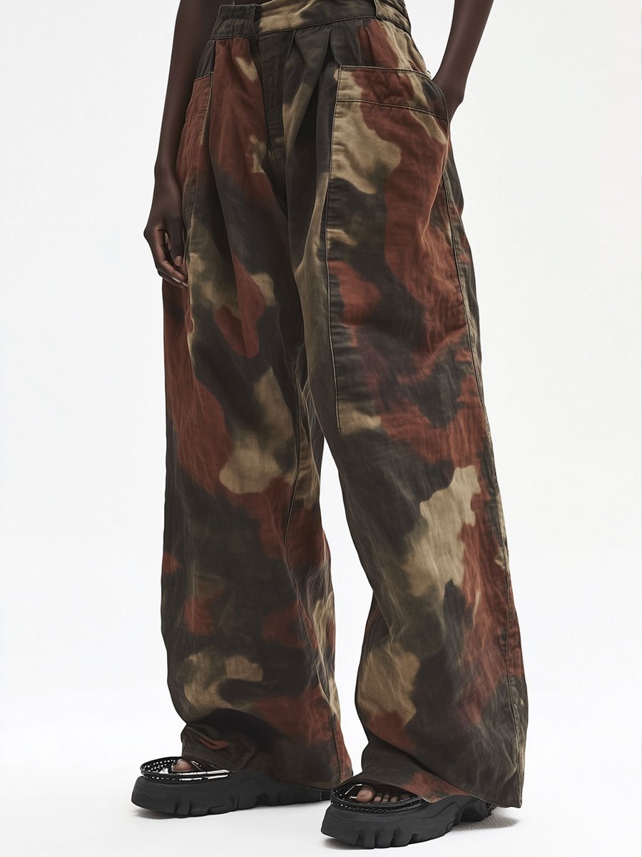 Casual Retro Contrast Camouflage Pocket Cotton Wide Leg Pants