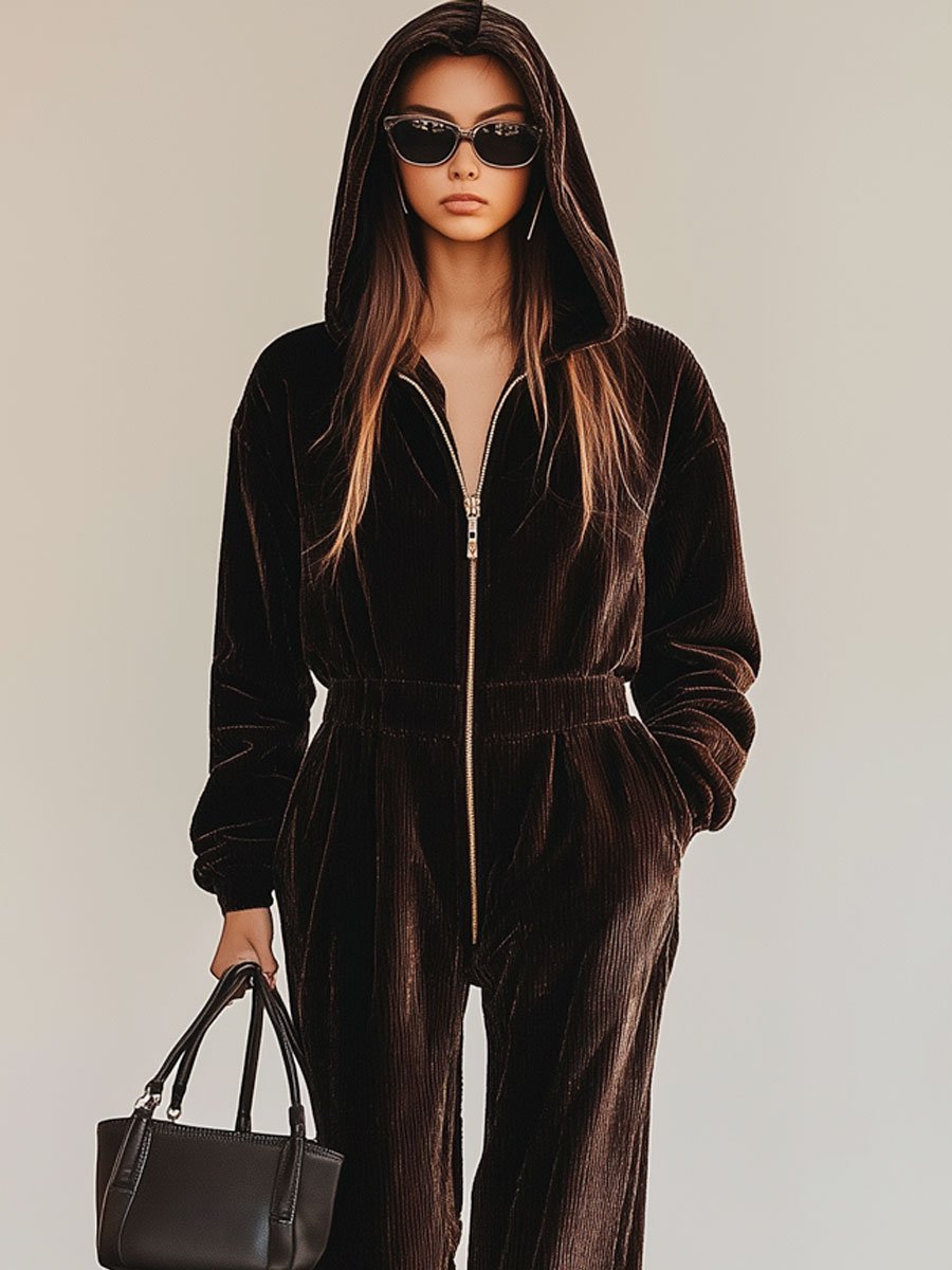 Casual Loose Vintage Corduroy Zipper Hooded Jumpsuit