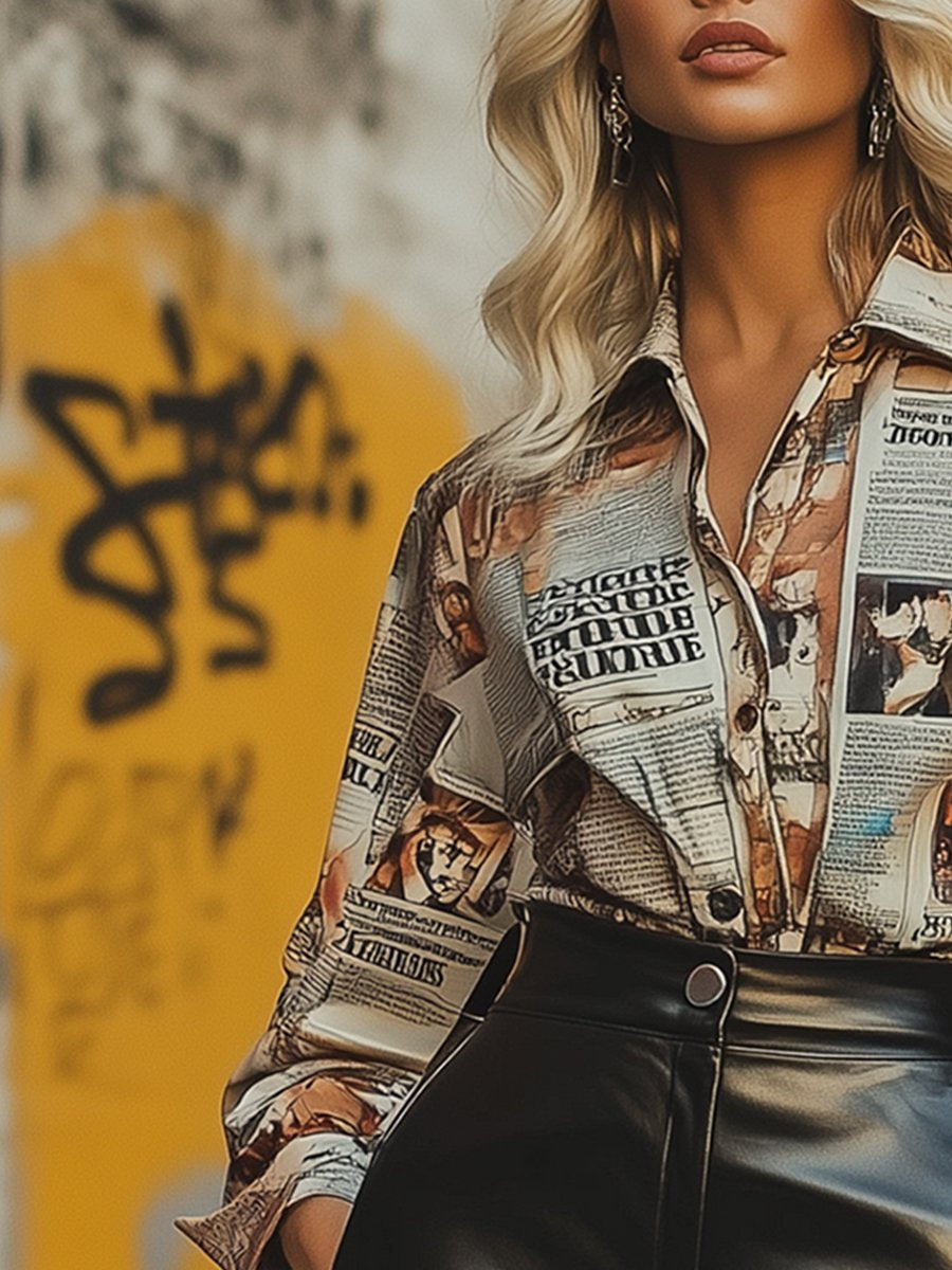 Fashion Newspaper Print Satin Long Sleeve Shirt