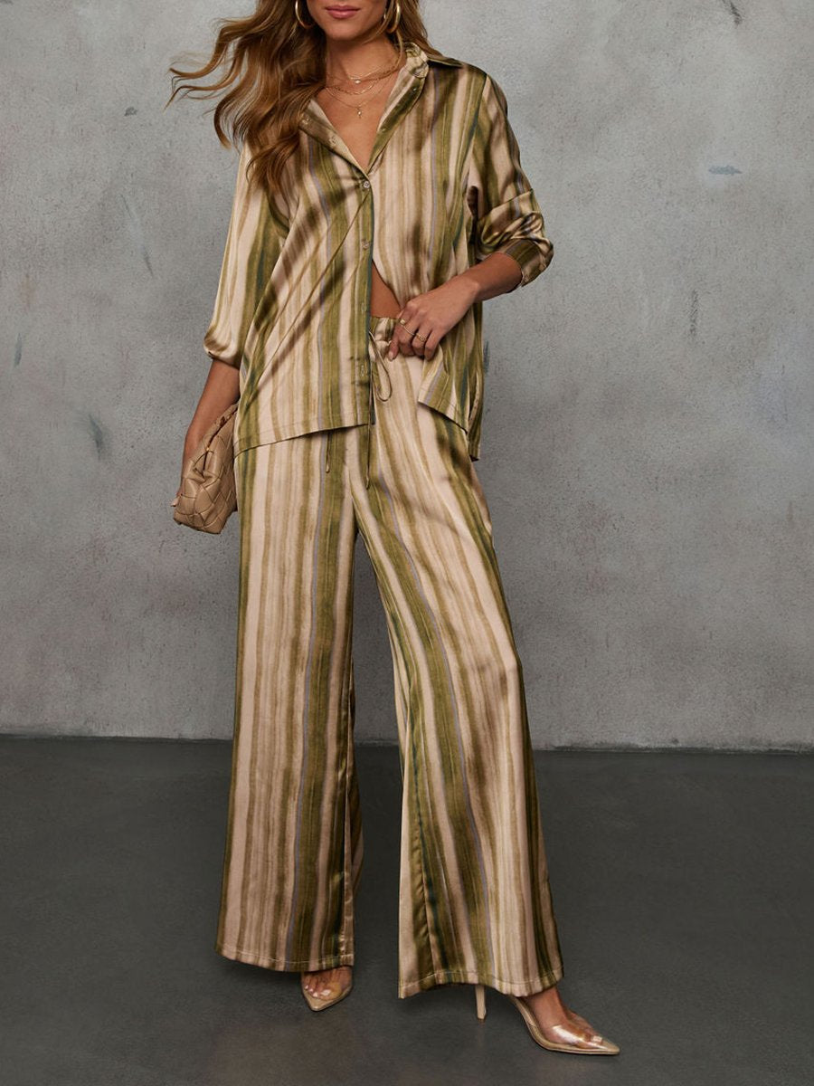 Casual Simple Striped Satin Shirt Wide-Leg Pants Set